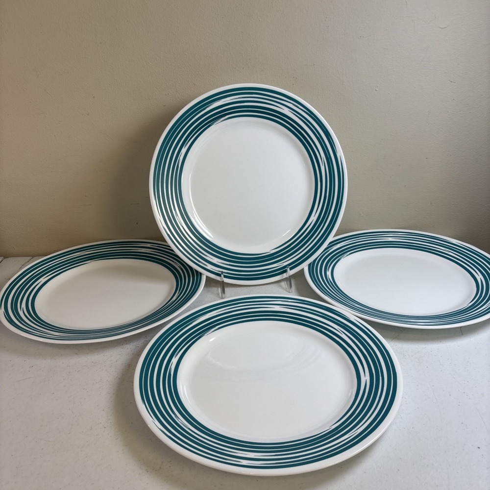 Corelle STROKES OF COLOR Teal Turquoise Dinner Plates 10.75" Set Of 4 EUC